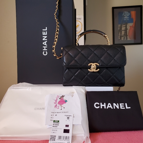 CHANEL Bags Chanel Classic Top Handle Black Caviar Gold Hw Mini